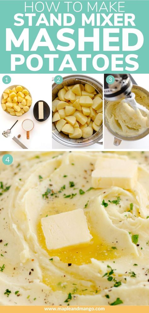 Calling all potato lovers! Learn how to whip up the most delicious creamy mashed potatoes. These homemade mashed potatoes are so easy to make since the KitchenAid mixer or stand mixer does all the hard work in this recipe. Rich, buttery, smooth and creamy – this is comfort food at its finest and a simple side dish that is sure to put smiles on faces! | www.mapleandmango.com Mixer Mashed Potatoes, Whipped Mashed Potatoes, Kitchenaid Stand Mixer Recipes, Stand Mixer Recipes, Baking Mixer, Whipped Potatoes, Kitchen Aid Recipes, Easy Mashed Potatoes, Homemade Mashed Potatoes