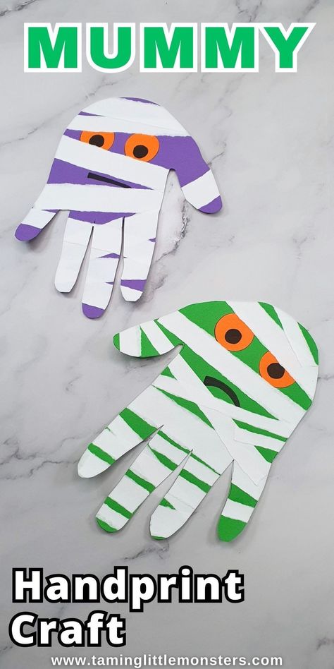 Halloween Handprint Art, Mummy Craft, Halloween Handprint Crafts, Halloween Handprint, Mummy Crafts, Big Pumpkin, Monster Craft, Halloween Crafts Preschool, Monster Crafts