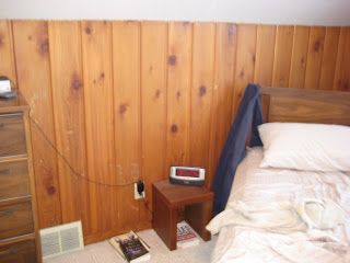 Painting Over Knotty Pine Paneling; Complete Master Bedroom Redo Painted Knotty Pine, Painted Knotty Pine Walls, Pine Wainscoting, Wood Paneling Ideas, Paint Over Wood Paneling, Barn Board Wall, Knotty Pine Paneling, Pine Paneling, Knotty Pine Walls