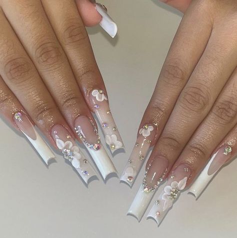 Quinceanera Nails, White Acrylic Nails, Girly Acrylic Nails, Simple Acrylic Nails, Long Acrylic Nails Coffin, Acrylic Nails Coffin Pink, Unique Acrylic Nails, Long Square Acrylic Nails, Bling Acrylic Nails