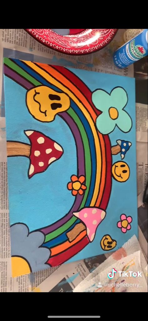 Cute Paintings Mushroom, Simple Indie Paintings, Rainbow Flowers Drawing, Canvas Painting Ideas Mushrooms, Easy Stuff To Paint On A Canvas Trippy, Kidcore Painting, Smiley Face Canvas Painting, Drawing Ideas Rainbow, Pop Art Simple