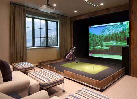 Inviting mountain home defined by cozy warmth in the Colorado Rockies Home Golf Simulator, Indoor Golf Simulator, Golf Simulator Room, Golf Room, Golf Simulator, Golf Simulators, Gaming Desktop, Mountain Home, Pool House