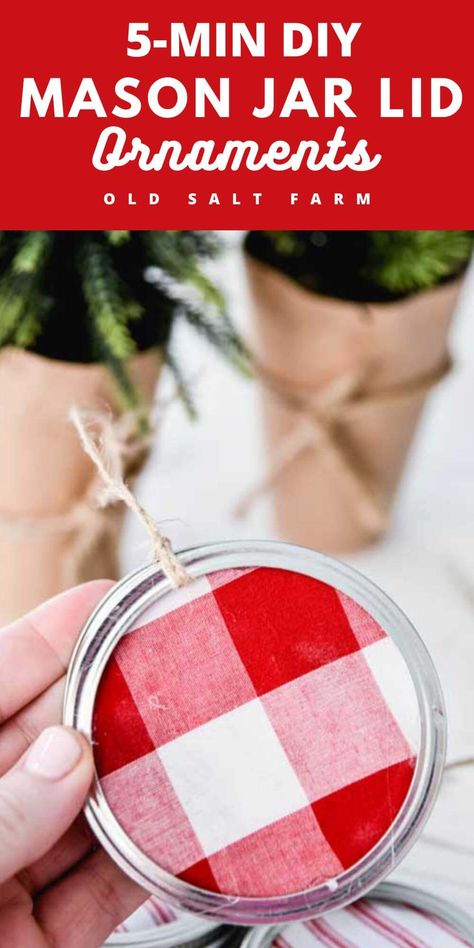 Make these darling mason jar lid ornaments in less than five minutes! Perfect for adorning your tree, or giving as gifts. An easy DIY Christmas ornaments tutorial using your favorite fabric. Mason Jar Lids Diy, Mason Jar Lid Ornaments, Jar Lid Ornaments, Lid Ornaments, Mason Jar Lids Crafts, Jar Lid Crafts, Mason Jar Lids Ornaments, Easy Diy Christmas Ornaments, Mason Jar Lid