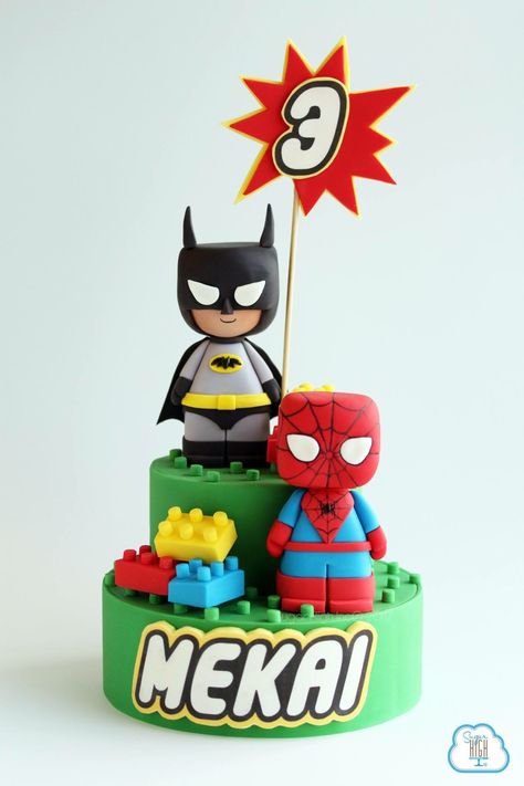 Batman & Spiderman. Lego cake Dort Spiderman, Batman And Spiderman, Lego Batman Cakes, Cake Batman, Cake Lego, Superhero Cakes, Batman Birthday Cakes, Lego Spiderman, Spiderman Birthday Cake