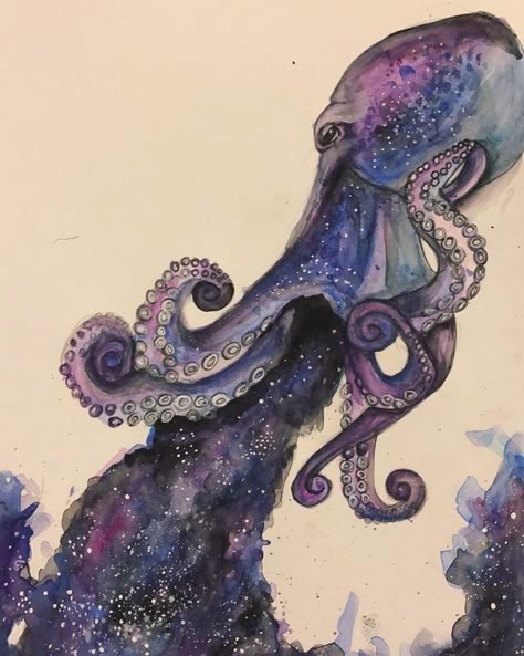 Galaxy Octopus, Watercolor and Ink, 9x12 : Art Painting Octopus, Galaxy Octopus, Octopus Watercolor, Octopus Drawing, Octopus Painting, Octopus Tattoo Design, Octopus Tattoos, Octopus Design, Octopus Tattoo