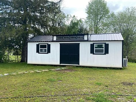 Shed Conversion to a 448 square foot studio, office or tiny house with Clerestory Windows and French Doors Shed House Conversion, Tiny House Studio, Shed To Tiny House Conversion, Shed To House, Shed Conversion, Single Exterior Doors, Shed Dormer, Shed To Tiny House, Studio Office