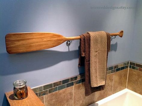 Bathroom Brown, Wood Crown Molding, Brown Towel, Bathroom Blue, Brown Decor, Wooden Paddle, Bulkhead Light, Nautical Bathrooms, Towel Racks