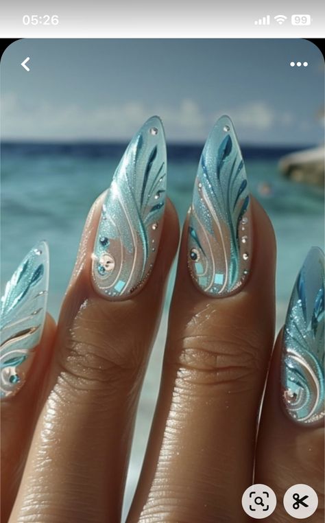 Nails Design Blue And White, Hot Summer Nails 2024, Summer Nail Art 2024, Glass Nails Designs, Tiffany Nails, Tiffany Color, Cruise Nails, Beachy Nails, August Nails