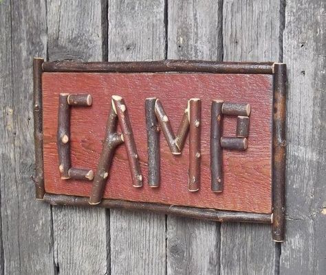 Rustic Camp Sign, Cabin Sign, Twig Letters, Primitive Sign, Reclaimed Barn Board, One of a Kind. $34.00, via Etsy. Camp Out Vbs, Twig Letters, Twig Crafts, Diy Cabin, Primitive Signs, Cabin Signs, Vintage Cabin, Camping Signs, Camp Style