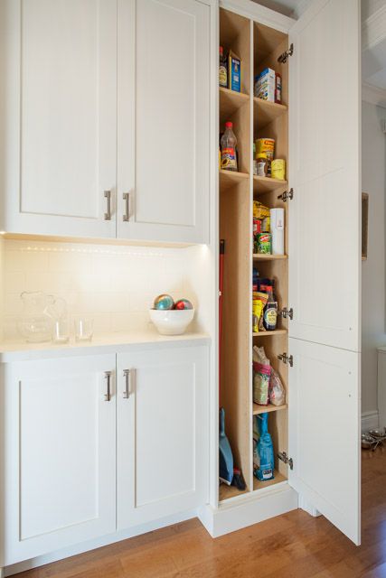 Small Galley Kitchen Layout, Kitchen Layout U Shaped, Tiny Pantry, Pantry Renovation, Broom Storage, Galley Kitchen Layout, Small Galley Kitchen, Vintage Style Kitchen, Built In Pantry