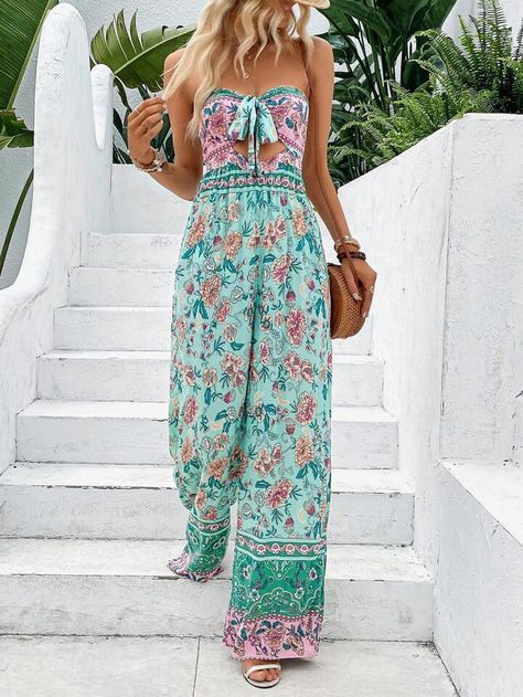 Tube Top Jumpsuit Outfit, Blue Floral Jumpsuit, Hot Pink Romper, Tube Romper, American Eagle Crop Top, Tube Jumpsuit, Boho Picnic, Outfits Dressy, Silk Romper