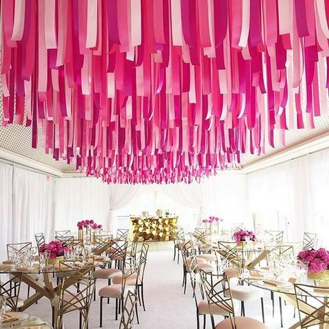 Wedding Table Decorations Pink, Hang From Ceiling Decor, Streamer Decorations, Wedding Ceiling, Bridal Shower Inspiration, Ribbon Decorations, Diy Ceiling, Ceiling Treatments, Party Deco