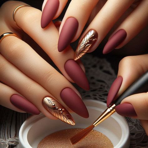 Stylish Fall Nails, Nails For Birthday Ideas, Pretty Fall Nails Autumn, Fall Acrylic Nails Almond, Corporate Nails, Nail Designs Gold, Leave Nails, Leaves Nails, Nail Art Gold