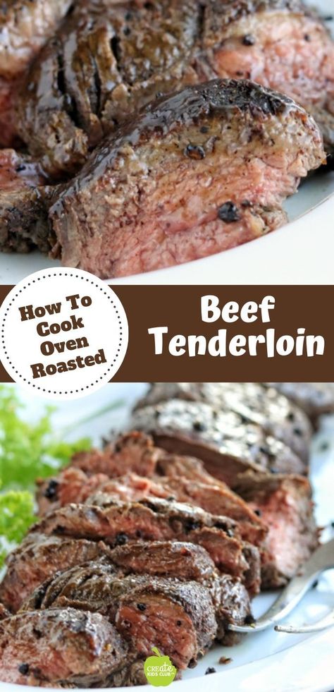 Oven roast whole beef tenderloin recipe that shows you how to make beef tenderloin the easy way. This steak is seared in a skillet then roasted in the oven. It's perfect for Christmas or any special occasion. #createkidsclub #beeftenderloin #wholebeeftenderloin #tenderloin #steakrecipe #beeftenderloinrecipe #ovenroastbeeftenderloin #howtoroastbeeftenderloin #beeftenderloinvideo #ovenbeeftenderloin #simplebeeftenderloin #howtomaketenderloin Oven Baked Beef Tenderloin, Whole Fillet Of Beef, Beef Fillet Recipes Easy, Tenderloin Steak Recipes, Beef Tenderloin Roast Recipes, Beef Tenderloin Recipe, Whole Beef Tenderloin, Beef Loin, Beef Tenderloin Recipes