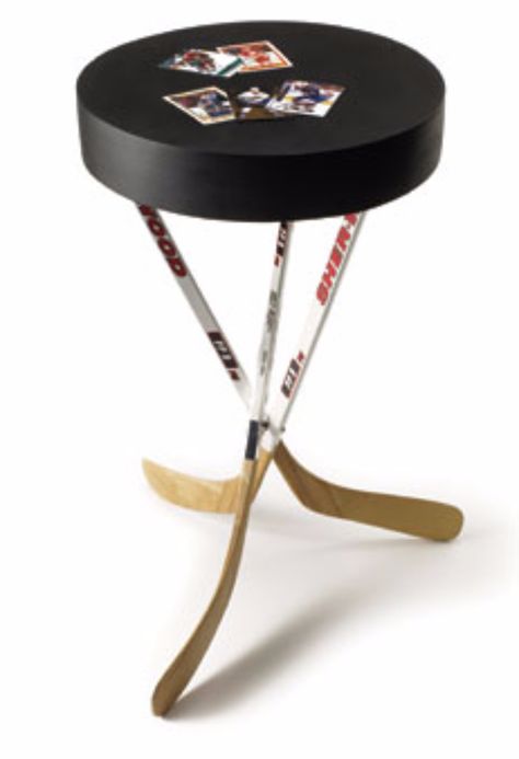 DIY Projects for the Sports Fan - Sports Inspired Night Table - Crafts and DIY Ideas for Men - Football, Baseball, Basketball, Soccer and Golf - Wall Art, DIY Gifts, Easy Gift Ideas, Room and Home Decor http://diyjoy.com/diy-ideas-sports-fan Hockey Stick Furniture, Dustin Brown, Hockey Bedroom, Hockey Decor, Hockey Room, Golf Wall Art, Hockey Table, Sports Room, Sports Decorations