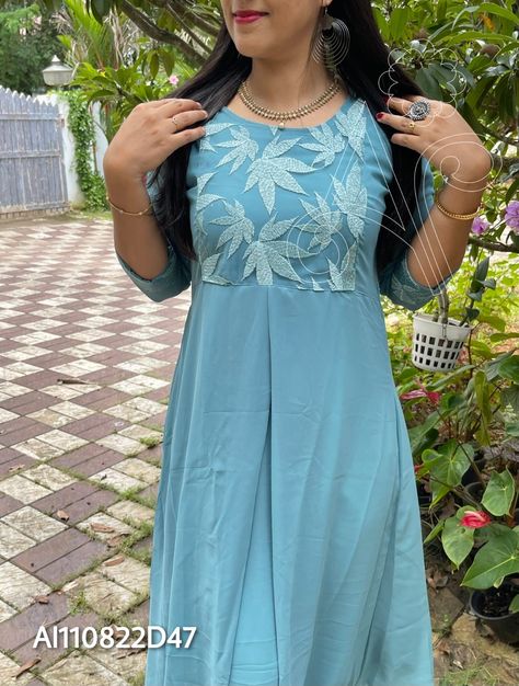 AI110822D47 Soft georgette box pleated Aline dress Thread work in net material done in yoke and sleeves end Lining attached Size :- M,L XL&XXL 📲9495938806 Yoke Design, Aline Dress, Thread Work, Box Pleats, Churidar, Dress Designs, Designer Dresses, Cold Shoulder Dress, Thread