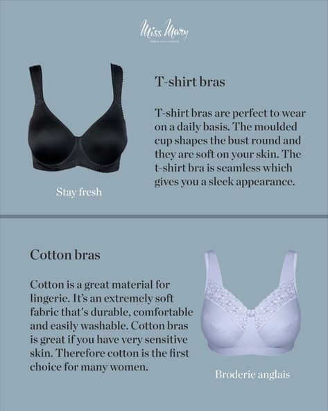 Are you a cotton lover? Or always choosing non-wired bras? All women has different preferences when it comes to bra models, the most important thing is to have bras that you feel supported and comfortable in. However, if you're curious about different bra types, here are 6 bra models that you should try! Miss Mary Of Sweden, Miss Mary, Bra Models, Cotton Bras, In Focus, Bra Types, All The Way Up, Bra Shop, First Choice