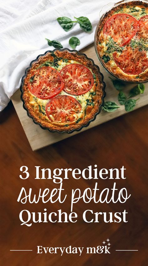 Three Ingredient Sweet Potato Quiche Crust • Everyday M and K Sweet Potato Quiche, Quiche Crust Recipe, Potato Crust Quiche, Sweet Potato Crust Quiche, Quiche Crust, Potato Quiche, Healthy Quiche, Sweet Potato Crust, Potato Crust