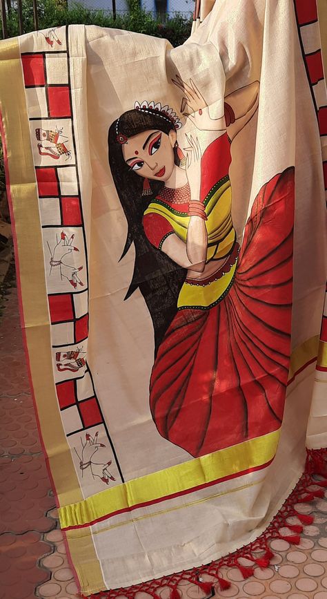 Fabric Painting On Lehenga, Tshirt Painting Ideas Acrylics, Fabric Painting Ideas Creative, Fabric Painting On Saree, Madhubani Dupatta, Painting Skirt, Hand Painted Saree, Fabric Colour Painting, Saree Painting Designs