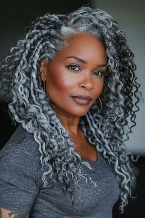 Elevate Your Style: Long and Curly Wigs for Black Women - WriteUpCafe.com Gray Braids For Black Women Silver Hair, Gray Braids, Chocolate Butterfly, Grey Hair Braids, Plain Jumpsuits, Gray Hairstyles, Silver Haired Beauties, Curly Crochet Hair Styles, Gorgeous Gray Hair