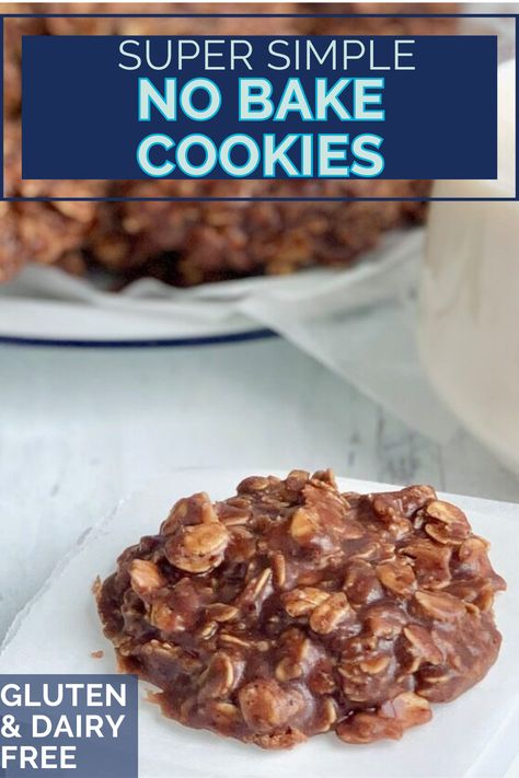 A no bake cookie that is gluten and dairy free with text overlay. Dairy Free No Bake Cookies, Gluten Free No Bake Cookies, Gluten Free Substitutes, Almond Flour Cakes, Chocolate No Bake Cookies, Best Gluten Free Desserts, Old Fashioned Recipe, Cooking Cookies, Oat Cookies