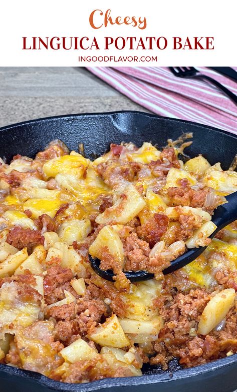 Cheesy Linguica and Potato Bake Linguica And Potatoes, Ground Linguica Recipes, Linguica Recipes Dinner, Linguica Recipes, Portuguese Potatoes, Cheesy Mac And Cheese, Potato Bake, Scrumptious Food, Spanish Recipes