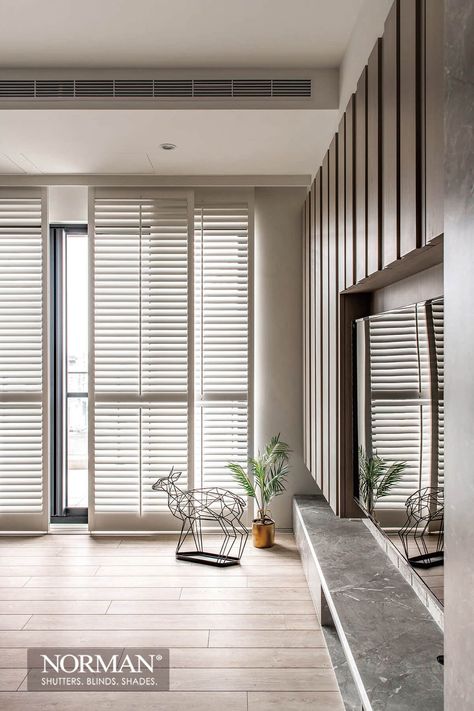 Vertical Louvers Interior, Shutters Interior Window Living Room, Window Treatments For Sliding Glass Door, Modern Interior Shutters, Interior Shutters Living Room, Window Shutter Ideas, Wood Shutters Interior, Shutters Interior Window, Norman Shutters