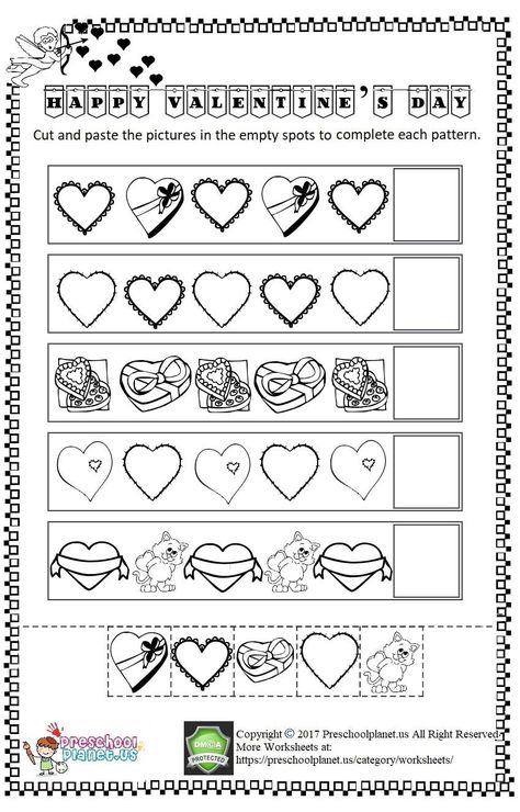 Here is Valentine’s Day themed cut and paste worksheet for kindergarten and preschool. Look at the each raw and paste the correct image. Have fun! Valentines Day Kindergarten, Valentine Worksheets, Color Worksheets For Preschool, Worksheet For Kindergarten, Valentine Kids, Ab Patterns, Alphabet Worksheets Kindergarten, Kindergarten Coloring Pages, Pattern Worksheet