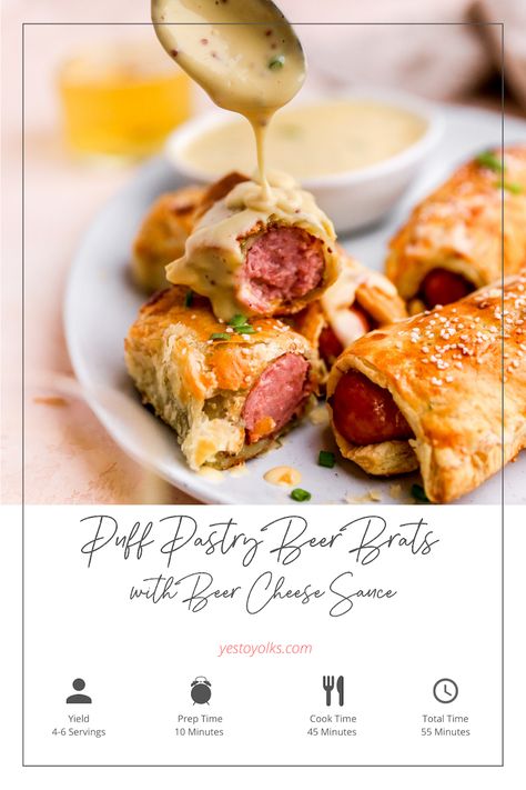 Puff Pastry Beer Brats with Beer-Cheese Sauce German Appetizers, Beer Bratwurst, German Potato Pancakes, Beer Cheese Sauce, Bratwurst Sausage, Beer Brats, German Potato, Cooking With Beer, Frozen Puff Pastry