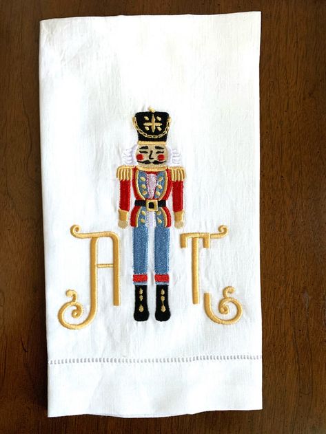 Nutcracker Applique, Nutcracker Hand Embroidery, Hand Embroidered Nutcracker, Nutcracker Machine Embroidery Design, Nutcracker Needlepoint Pillow, Christmas Stocking Gifts, Monogrammed Linens, Linen Towels, Personalized Pillows