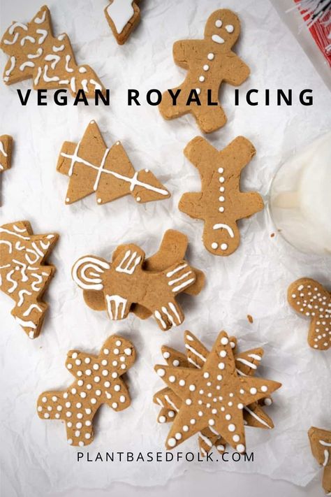 Vegan royal icing is made with aquafaba, confectioners sugar (icing sugar) and lemon juice. It is perfect for decorating cookies and cakes. Vegan Royal Icing Recipe, Royal Icing Easy, Icing For Gingerbread Cookies, Confectioners Sugar Icing, Vegan Royal Icing, Vegan Gingerbread Cookies, Gingerbread Men Cookies, Gingerbread Cookie Dough, Cookie Icing Recipe