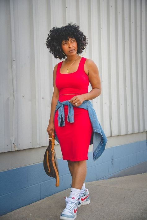 Women In Jordan 1 Outfit, Spring 2023 Brunch Outfit, Sneaker And Dress Outfit Plus Size, Sneaker Outfits Black Women Summer, Jordan With Dress Outfit, Summer 2023 Outfits Black Women, Casual Spring Outfits Black Women Sneakers, Jordan 1 Outfit Women Spring, Casual Summer Outfits Black Women Classy