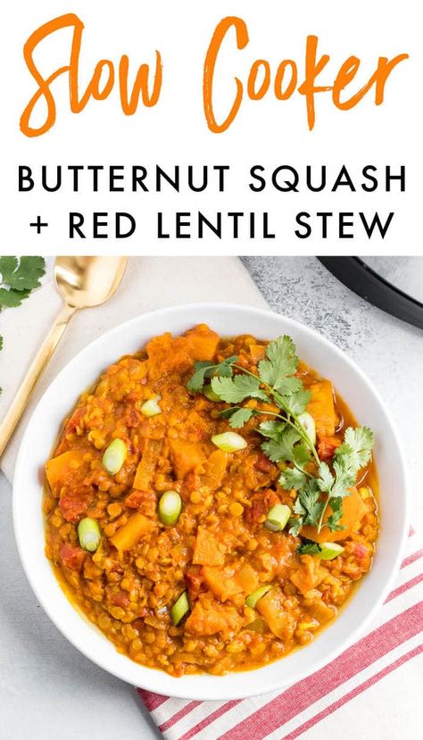 A hearty vegetarian slow cooker stew with butternut squash, red lentils, coconut milk and robust blend of spices. This stew is the perfect way to warm up on a cold day. Vegan + gluten-free. #slowcooker #lentil #butternutsquash #healthy #eatingbirdfood Stew With Butternut Squash, Red Lentil Stew, Vegetarian Slow Cooker, Slow Cooker Lentils, Slow Cooker Stew, Slow Cooker Vegetarian, Delicious Clean Eating, Red Lentils, Red Lentil Soup