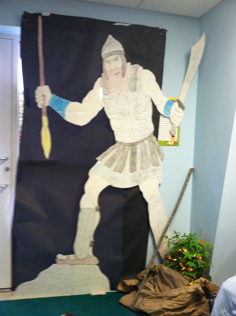 Blast to the Past - Goliath Traced enlarged coloring page onto foam poster board, color, cutout.  Kids loved him! David And Goliath Trunk Or Treat, Bible Costumes, Blast To The Past, David And Goliath, Treat Ideas, Trunk Or Treat, Bible Crafts, Childrens Church, Bible School