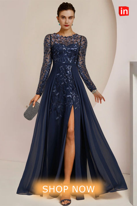 A-Line Mother of the Bride Dress Wedding Guest Elegant Jewel Neck Floor Length Chiffon Lace Sequined Long Sleeve with Split Front Ruching Solid Color 2024  #eveninggown #motherofthebridedress Formal Wedding Guests, Dress Wedding Guest, Sequin Evening Dresses, Chiffon Evening Dresses, Mob Dresses, Evening Dresses Cocktail, Lace Evening Dresses, Mother Of The Bride Dress, Jewel Neck