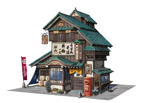 ArtStation - japanese restaurant, arya zhao Japanese Buildings, Japanese Village, Japanese Shop, Japan Architecture, Building Drawing, Asian Architecture, Building Illustration, Casas The Sims 4, Building Concept