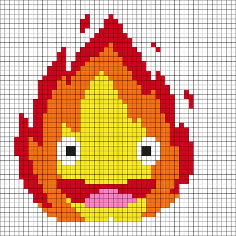 Calcifer Alpha Pattern, Calcifer Perler Beads, Calcifer Cross Stitch, Calcifer Perler, Studio Ghibli Perler Bead Patterns, Calcifer Pixel Art, Kandi Cuffs, Cross Stitch Geometric, Fuse Bead Patterns