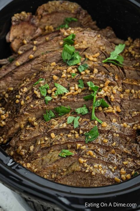 Slow Cooker Flank Steak - Eating on a Dime Crockpot Flank Steak Recipes, Flank Steak Crock Pot, Chicken Parmesan Soup Recipe, Slow Cooker Flank Steak, Brisket Recipes Crockpot, Quick Bread Recipes Easy, Eating On A Dime, Peanut Clusters, Recipes With Flour Tortillas