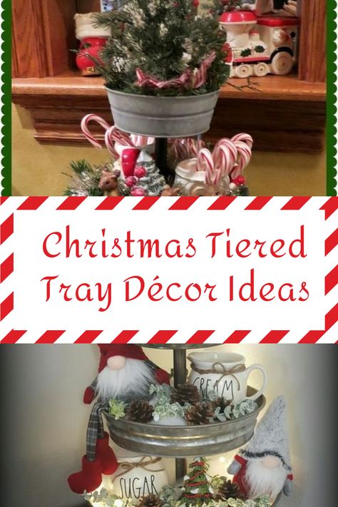 35+ DIY Christmas Tiered Tray Décor Ideas Christmas Tiered Tray Ideas, Tiered Tray Ideas, White Pine Cone, Christmas Tiered Tray, Mini Candy Canes, Cookie Container, Mini Lanterns, Christmas Tray, Coffee Tray