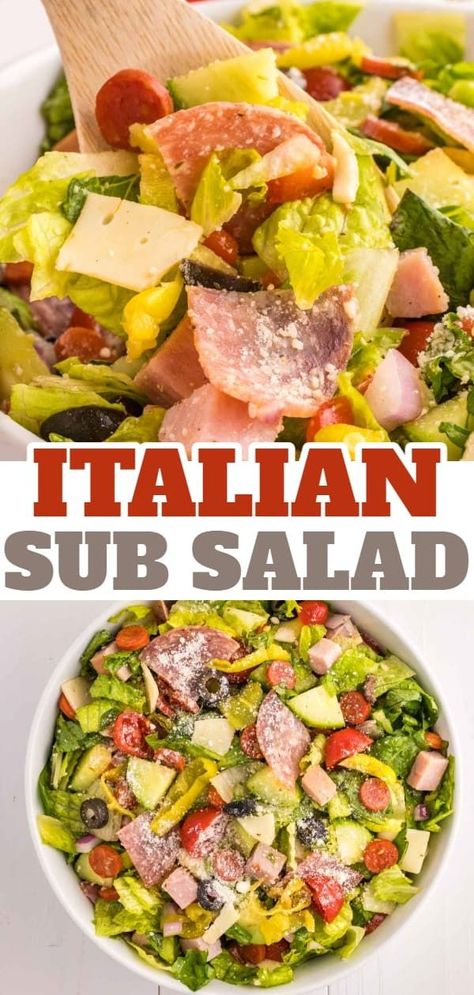 Italian Sub Salad is a delicious dish loaded with romaine, olives, tomatoes, cucumber, ham, pepperoni, peppers, onions and salami all tossed in a red wine vinegar dressing. Italian Sub Salad, Sub Salad, Red Wine Vinegar Dressing, Chinese Chicken Salad Recipe, Italian Sub, Creamy Cucumber Salad, Meat Salad, Vinegar Dressing, Tossed Salad