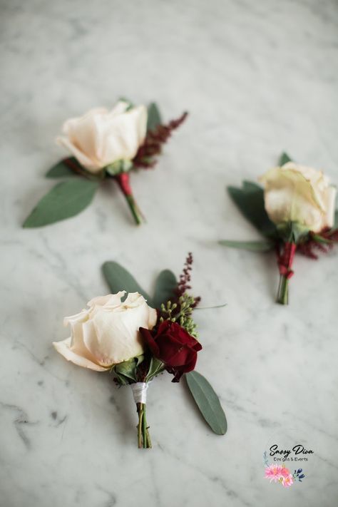 Blush Rose, Burgundy Spray Rose, Astilbe, and Eucalyptus Boutonniere wrapped in either White or Burgundy Satin Ribbon White Spray Rose, White Corsage, Sassy Diva, Burgundy Wedding Flowers, Groomsmen Ideas, Burgundy And Blush Wedding, White Boutonniere, Beautiful Fall Wedding, Burgundy Bouquet