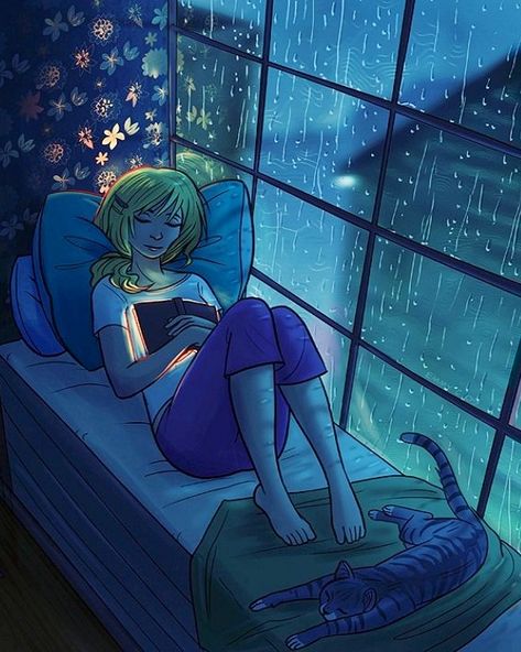 Sleeping with book on a rainy day with cat cartoon illustration via www.Facebook.com/GleamOfDreams Raining Outside, Reading A Book, Pics Art, I Love Books, Infp, Love Reading, The Window, Love Book, Rainy Days