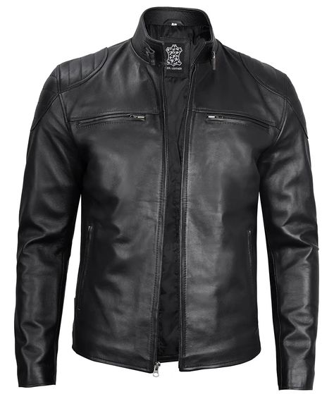 Black Fitted Leather Jacket Men  A black leather biker jacket is a great piece of transitional dressing. Formally or casually this black jacket is what you really need for your daily commute and street style. Enhanced with belted buttoned collar and shoulder patches, multiple pockets, and zipper cuffs. Get this black leather jacket to rock the style without breaking the bank. Fitted Biker Jacket, Cafe Racer Leather Jacket, Motorcycle Leather Jacket, Rugged Design, Cafe Racer Jacket, Black Leather Biker Jacket, Racer Jacket, Black Motorcycle, Motorcycle Leather