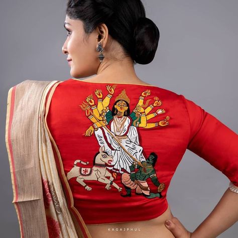 Painting Blouses, Print Blouse Design, Panjabi Design, Blouse Painting, Embroidery Jeans Diy, Durga Ma, Bengali Saree, Saree Painting Designs, Cotton Blouse Design