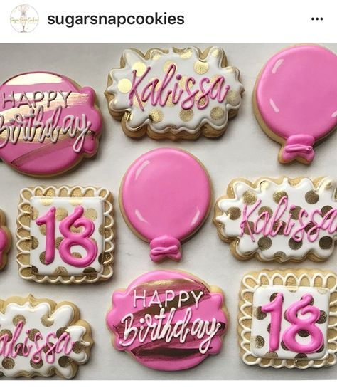 18th birthday cookies 18th Birthday Cookie Ideas, 13th Birthday Cookies Decorated, Croc Cookies, Hostess Cookies, 18th Birthday Cookies Decorated, 18th Birthday Cookies, Cookie Corner, Happy Birthday Cookie, Royal Iced Cookies