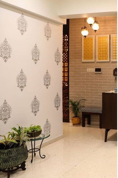 Home Decor Ideas for Partition Wall Painting Living Room Indian, Indian Living Room Wallpaper, Staircase Wall Decor Indian, Wallpaper For Living Room In India, Indian Accent Wall, Living Room Wall Decor Ideas Indian, Ethnic Home Decor Indian Interior Design, Art Deco Interior Living Room, Indian Room