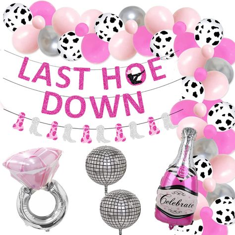 Cow Girl Bachelorette Party Ideas, Pink And Silver Balloon Garland, Bachelorette Party Must Haves, Last Hoedown Bachelorette Party, Cowboy Bachelorette Party, Last Hoedown, Space Cowgirl Bachelorette, Bachelorette Inspiration, Silver Balloon Garland