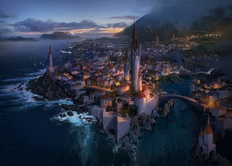 ArtStation - seaside castle, J.C Park Seaside Castle, City By The Sea, Between Two Worlds, Fantasy City, Fantasy Castle, Fantasy Story, Fantasy Setting, Fantasy Places, Landscape Scenery