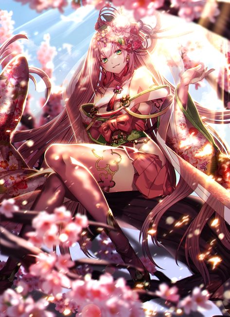 1girl bare_shoulders breasts cherry_blossoms detached_sleeves earrings elbow_gloves floral_print flower gloves green_eyes grin hair_flower hair_ornament highres japanese_clothes jewelry katagiri_hachigou kimono long_hair looking_at_viewer original outstretched_hand pink_gloves pink_hair pink_legwear sideboob sitting smile solo thigh-highs very_long_hair Flower Gloves, Outstretched Hand, Red Hair Blue Eyes, Detached Sleeves, Elbow Gloves, Japanese Clothes, Girl With Pink Hair, Pink Gloves, Latest Hd Wallpapers