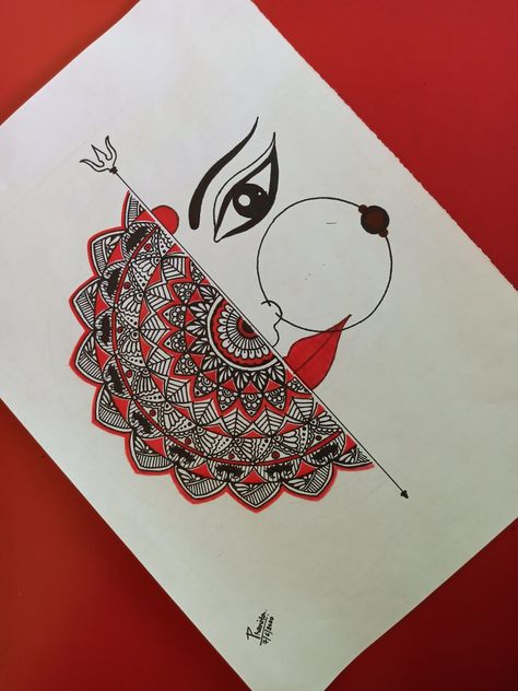 Durga Devi Mandala Art, God Doodles, Gods Drawing, Half Mandala, Pencil Sketches Easy, Ganesha Drawing, Kids Canvas Art, Easy Mandala Drawing, Durga Painting